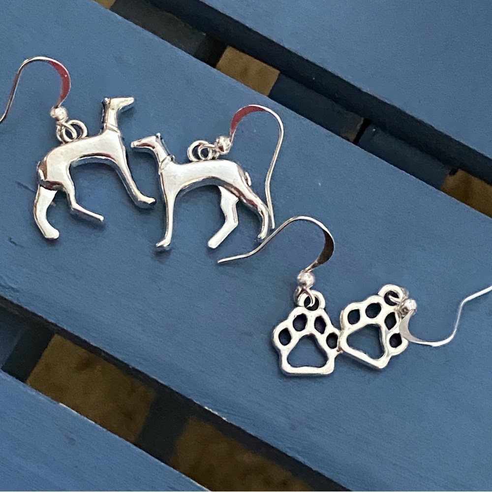 Great Dane & Paw Print Silvertone Pierced Earrings Two Prs Hand Crafted Dog NEW